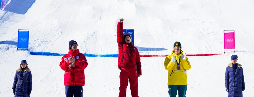Team Canada’s Mikael Kingsbury celebrates winning a gold medal in the Men's Dual Moguls Finals at the Milano Cortina 2026 Olympic Winter Games in Italy on Sunday, February 15, 2026. Photo by Darren Calabrese/COC *MANDATORY CREDIT*